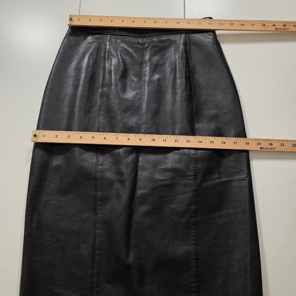 Liz Harbosin Black Leather Skirt 12 VTG Midi Lined Back Zip Slit Canada Bossy - Picture 4 of 16